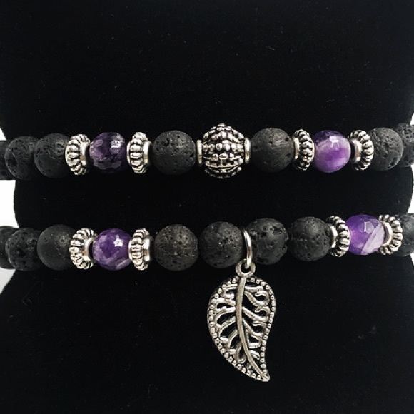 Genuine Amethyst & lava rock leaf bracelets set - Picture 2 of 9